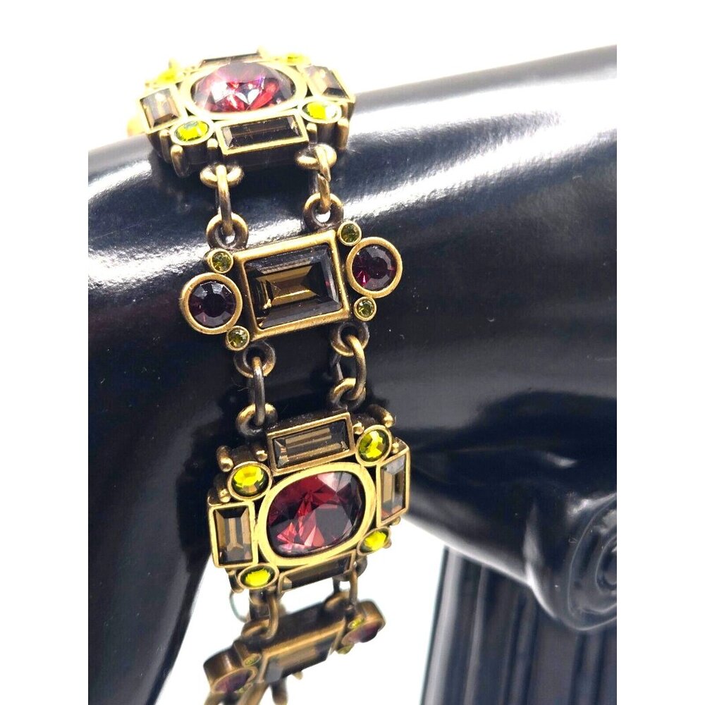 MYKA Swarovski crystal panel bracelet in bronzed brass green burgundy champagne